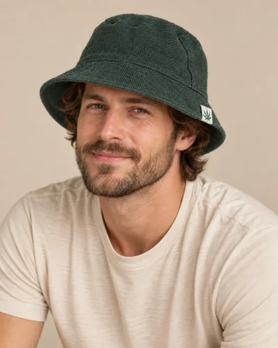 a male model wearing green hemp hat and looking at camera
