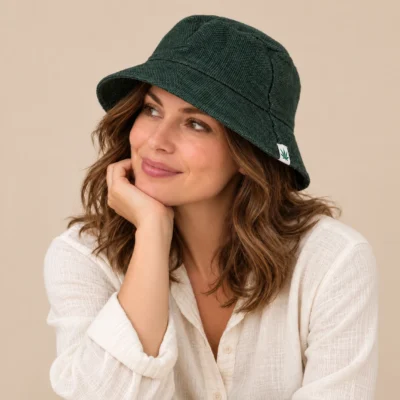 a female model wearing hemp bucket hat and looking away from camera