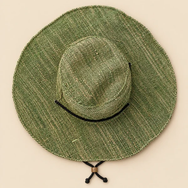 Extra-wide brim hemp hat with a chin string top view