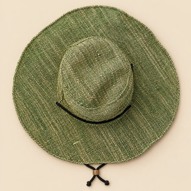 Extra-wide brim hemp hat with a chin string top view
