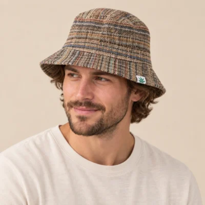 male model wearing a hemp bucket hat