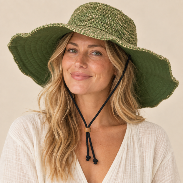 Model wearing an Extra-wide brim hemp hat with a chin string and smiling