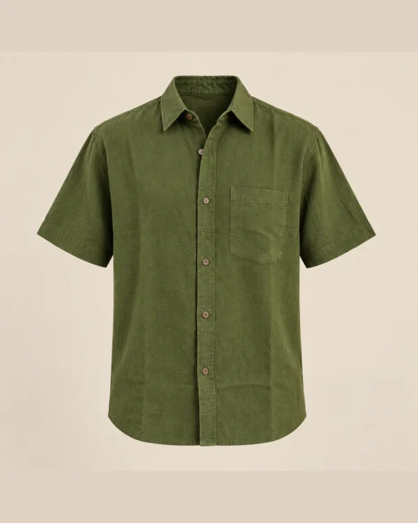 Spreadmaya olive green hemp short sleeve shirt product photo on plain beige background.
