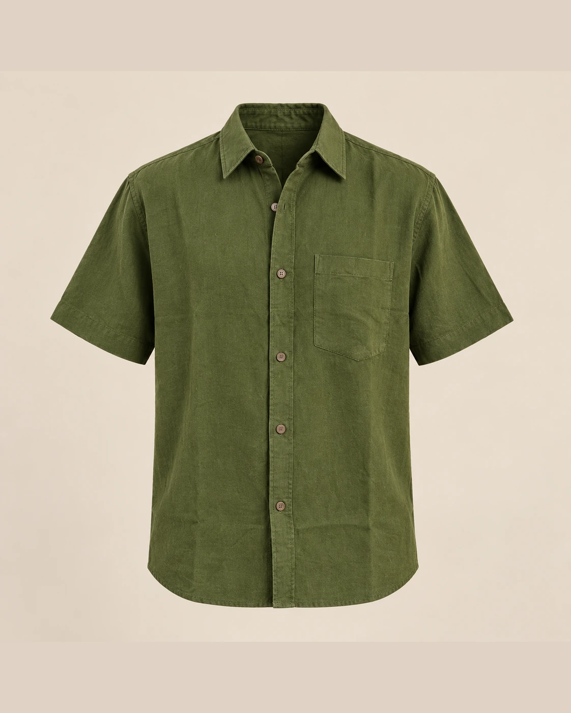 Spreadmaya olive green hemp short sleeve shirt product photo on plain beige background.