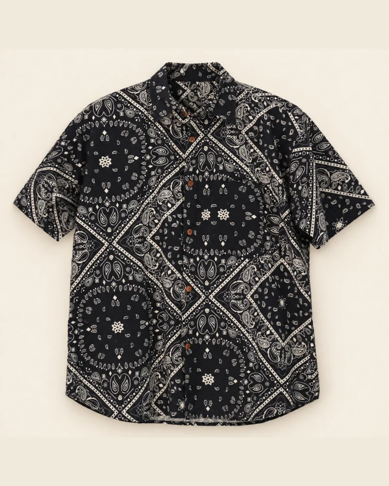 Spreadmaya black mandala hemp short sleeve shirt product photo on plain beige background.