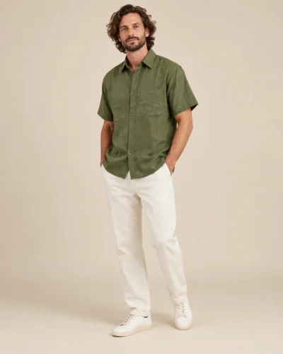Relaxed view of men’s green short sleeve hemp shirt by Spreadmaya worn by male model on beige background.