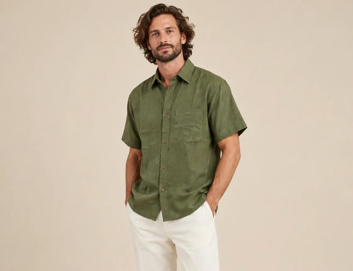 Relaxed view of men’s green short sleeve hemp shirt by Spreadmaya worn by male model on beige background.