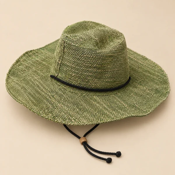 Extra-wide brim Green hemp hat with a chin string side view