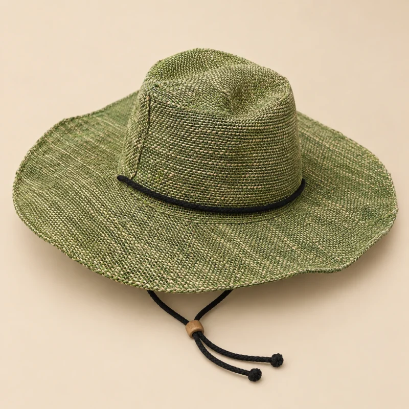 Extra-wide brim Green hemp hat with a chin string side view