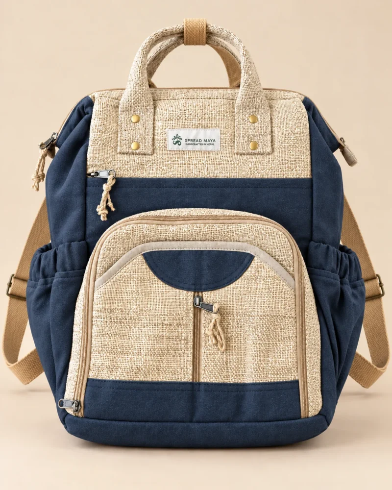 SpreadMaya charcoal blue and natural hemp maternity backpack with multiple compartments, bottle pockets and carry handles, handmade in Nepal.
