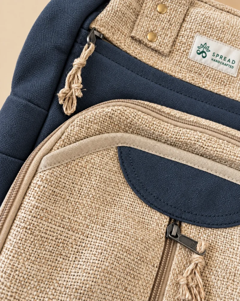 Close-up of natural Himalayan hemp fabric, charcoal blue cotton panels and zipper detailing on SpreadMaya maternity backpack.