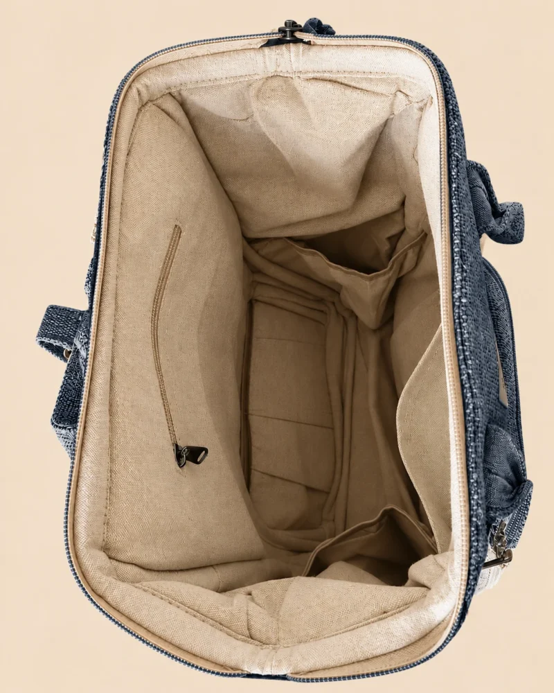 Inside view of SpreadMaya maternity backpack showing multiple organiser pockets for nappies, baby essentials and accessories