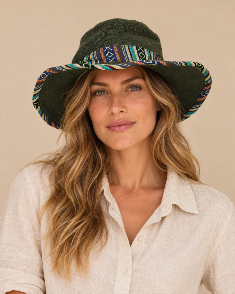 Green-bordered-KTM-safari-hat-female-model.
