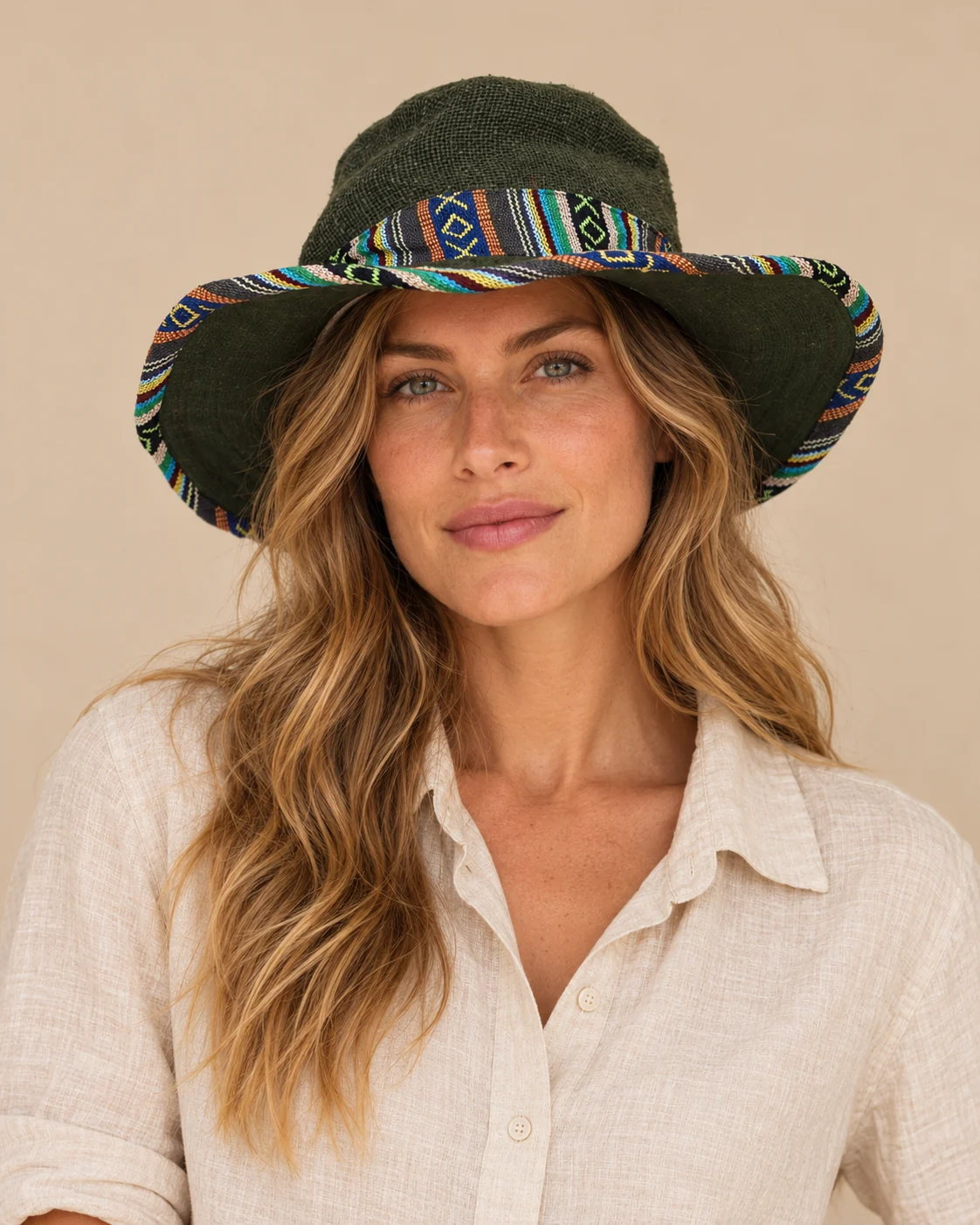 Green-bordered-KTM-safari-hat-female-model.