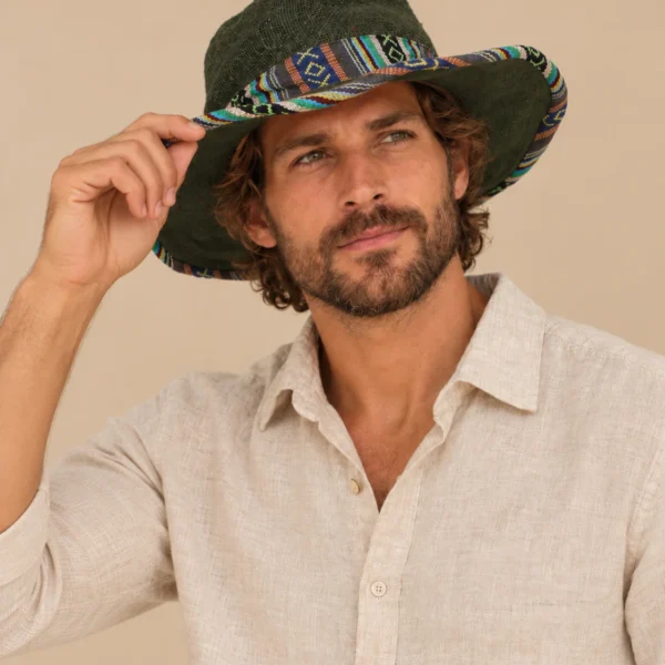 Green Bordered Hemp Safari Hat – Wide Brim