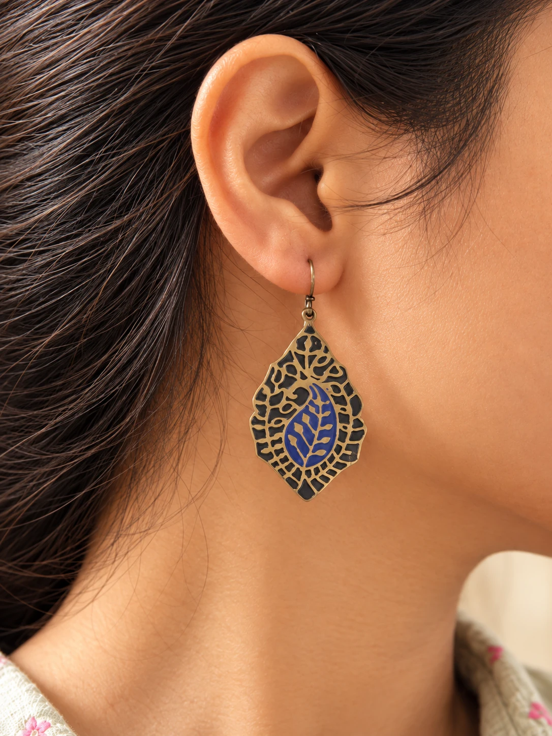 model Blue Leaf Earrings Handmade in Nepal | Sterling Silver Hooks