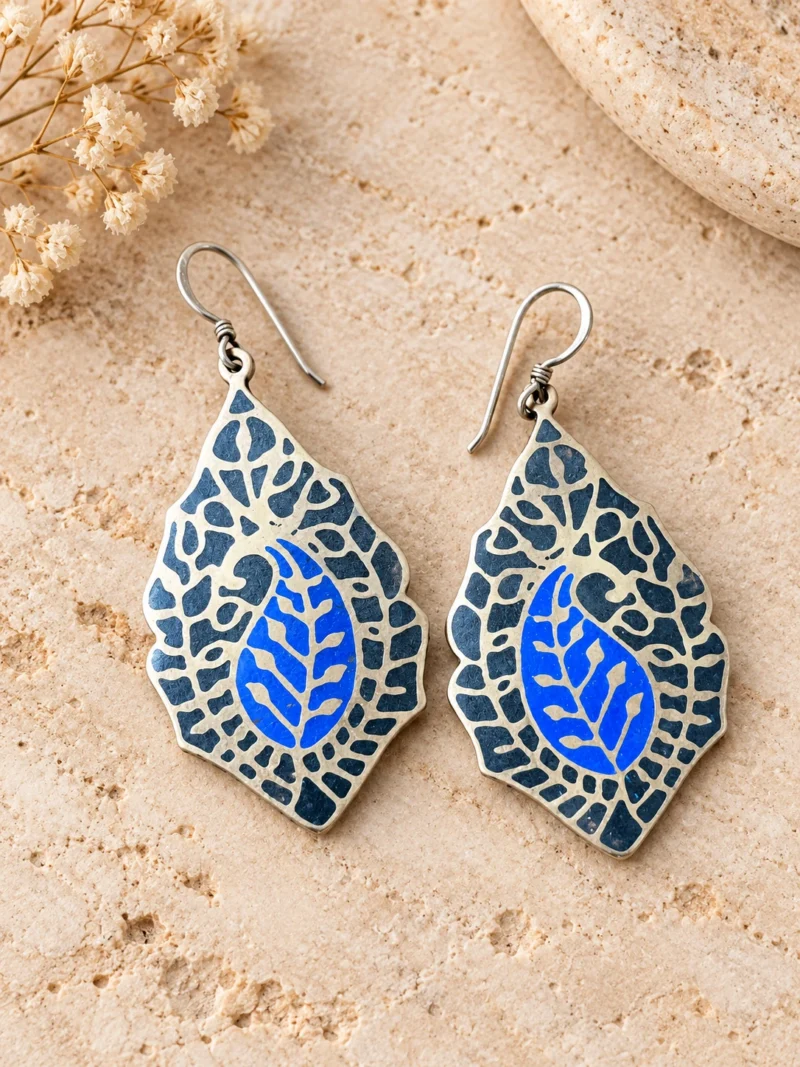 Blue Leaf Earrings Handmade in Nepal | Sterling Silver Hooks