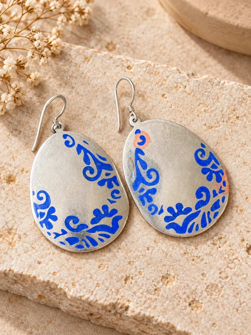 Cobalt Blue Hand-Painted Teardrop Earrings on bench