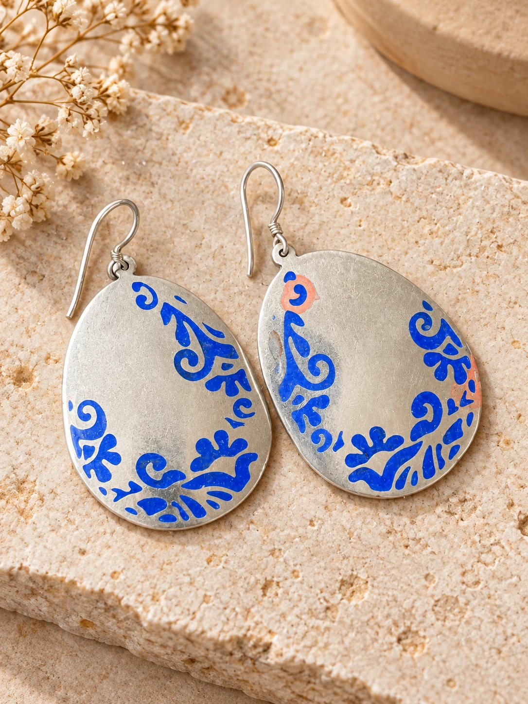 Cobalt Blue Hand-Painted Teardrop Earrings on bench