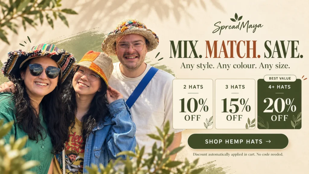 Three smiling friends wearing handmade Himalayan hemp hats, promoting SpreadMaya’s Mix & Match offer: 10% off 2 hats, 15% off 3 hats, and 20% off 4 or more hats.