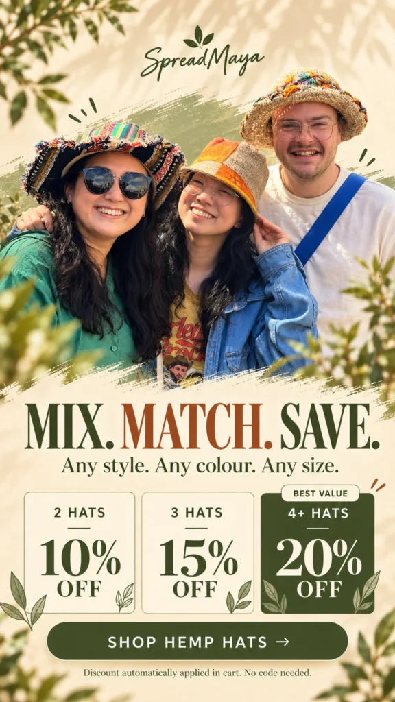 SpreadMaya hemp hat bundle offer featuring three friends in colourful handmade hemp hats, with mix-and-match discounts of up to 20% off.