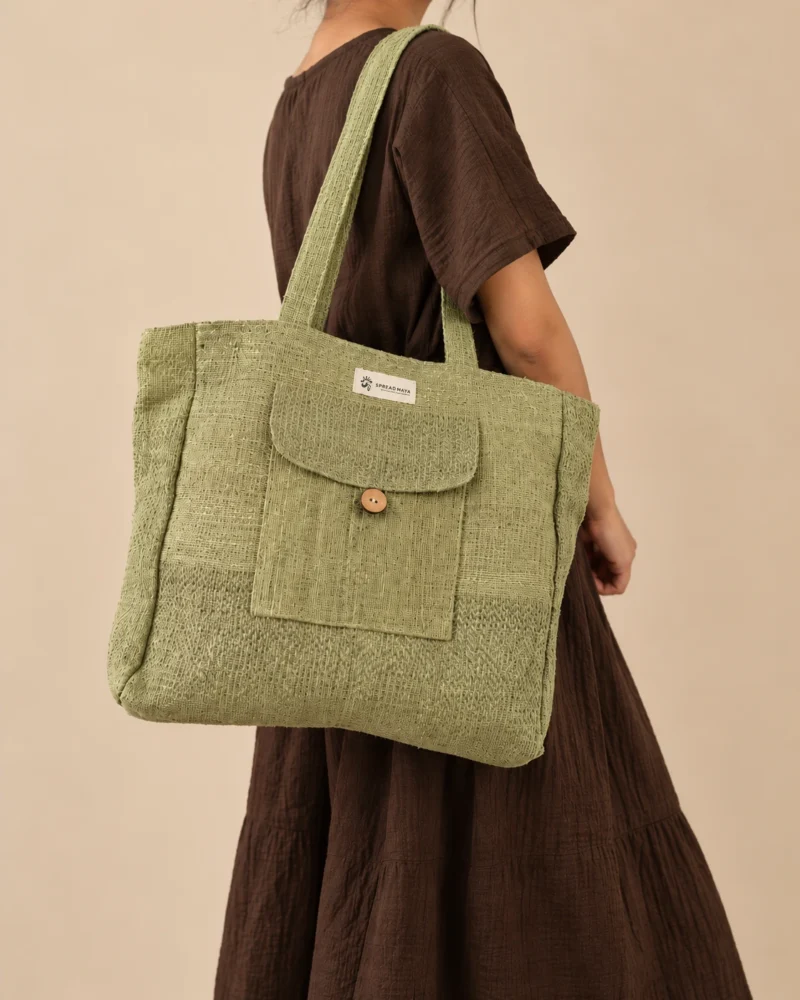spreadmaya-sage-green-hemp-tote-alternate-shoulder-view.