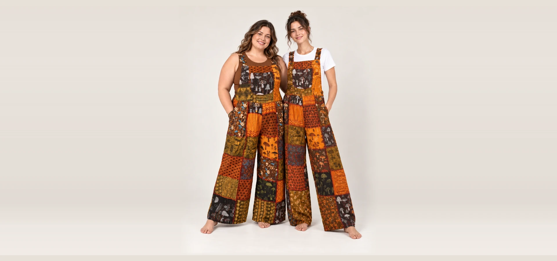 two models wearing a Spread Maya mushroom patch overall